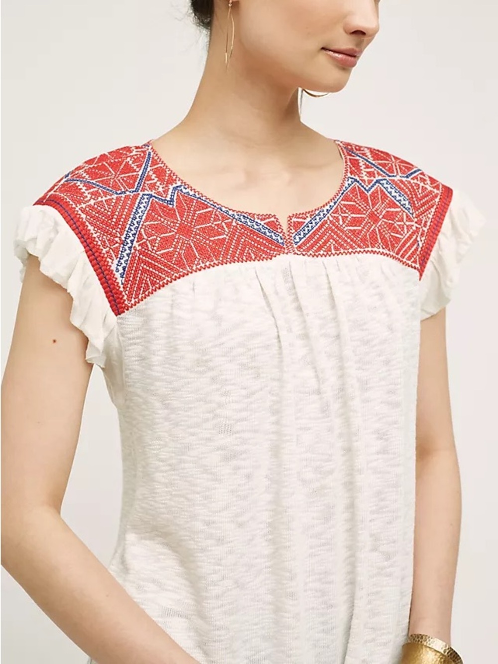 Anthropologie One September Evin Top Knit Boho Embroidered Yoke + Ruffle Sleeve
